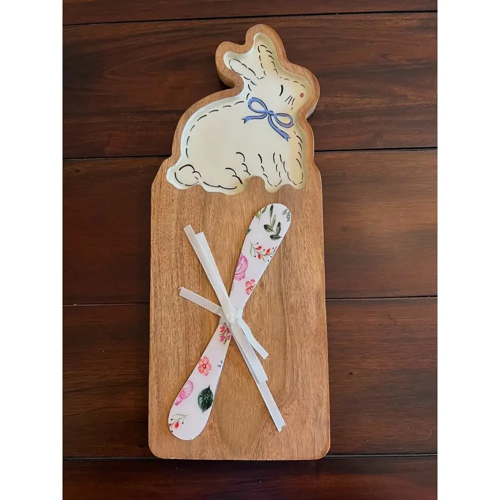 Wooden Easter Bunny Cheese Board with Floral Knife - New With Tags & Bow
